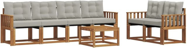 vidaXL Outdoor-Sofagarnitur 7-teilig aus Akazienholz und Textilene in Natur und Grau mit Kissen und UV-Beständigkeit - Bild 1