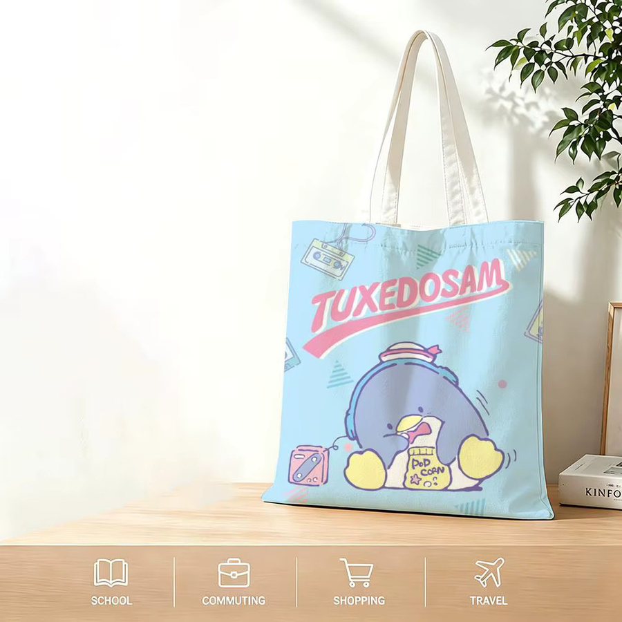 Wiederverwendbare Canvas Tragetasche mit Cartoon T-Tuxedo Motiv in Weiß für Schule und Alltag - Bild 6