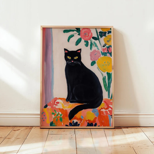 SHENCHEN Poster Schwarze Katze im Matisse-Stil, bunter Mid-Century Tierdruck auf Papier - Bild 1