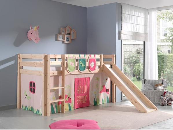 Vipack Spielbett Pino aus massivem Kiefernholz mit Rutsche, Vorhang und 3 Taschen in Dessin Spring, Mehrfarbig