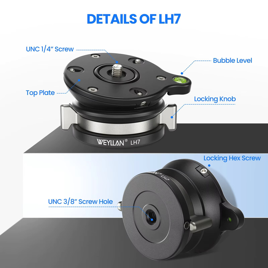 WEYLLAN LH7 Stativ-Nivellierbasis in Schwarz mit 3/8 Zoll und 1/4 Zoll Schrauben für eine Belastung von bis zu 10 kg - Bild 3