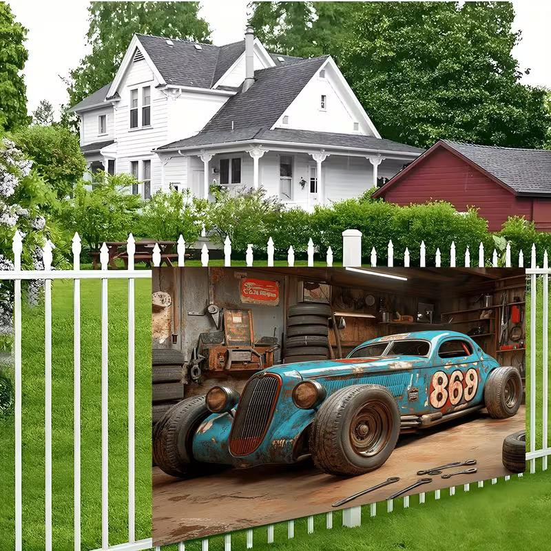 Vintage Rostiger Rennwagen Wandteppich aus Polyestergewebe, Mehrfarbig, Breite: 210 cm, Höhe: 150 cm - Bild 6
