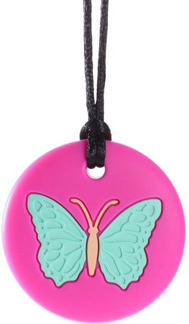 Hayhgtt Kauschmuck Halskette in Schmetterlingsform aus Silikon für Kinder, Sensorisches Kauspielzeug bei Autismus oder ADHS, Farbe: Rosa Rot - Bild 1