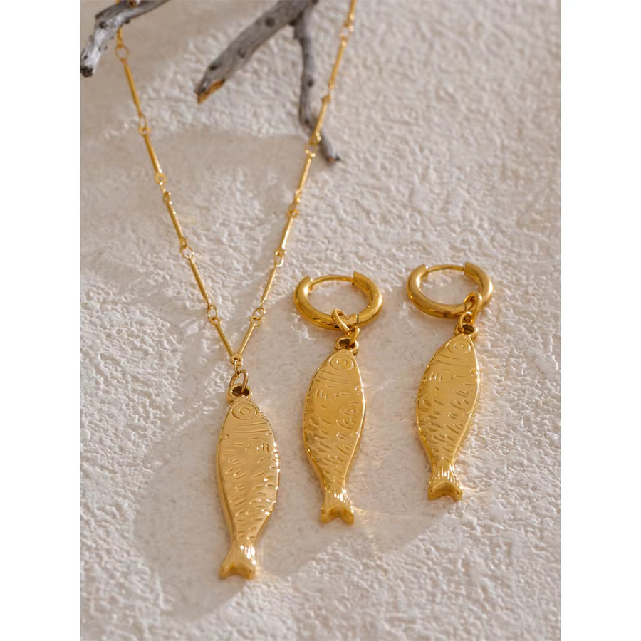 Yhpup Halskette und Ohrringe, Fisch Anhänger, Edelstahl, Gold - Bild 2