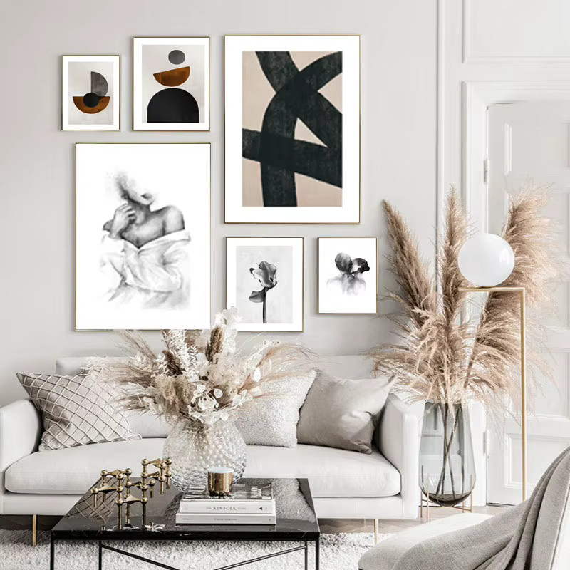 Jack York Set aus zwei abstrakten Leinwandbildern mit geometrischen Figuren in Schwarz und Weiß für moderne Wandkunst im Wohnzimmer - Bild 2