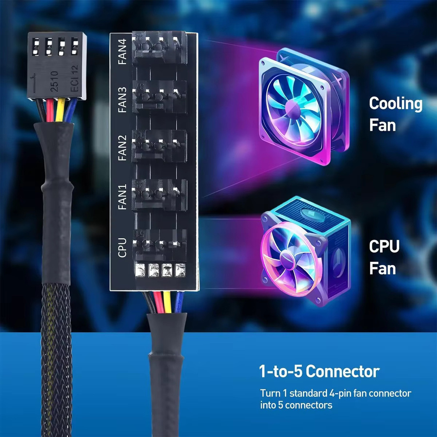 AuyiHomu 4-Pin PWM 1-zu-5 Lüfter-Hub Gehäuselüfter-Geschwindigkeitsregler und Verteilerkabel in Schwarz - Bild 5