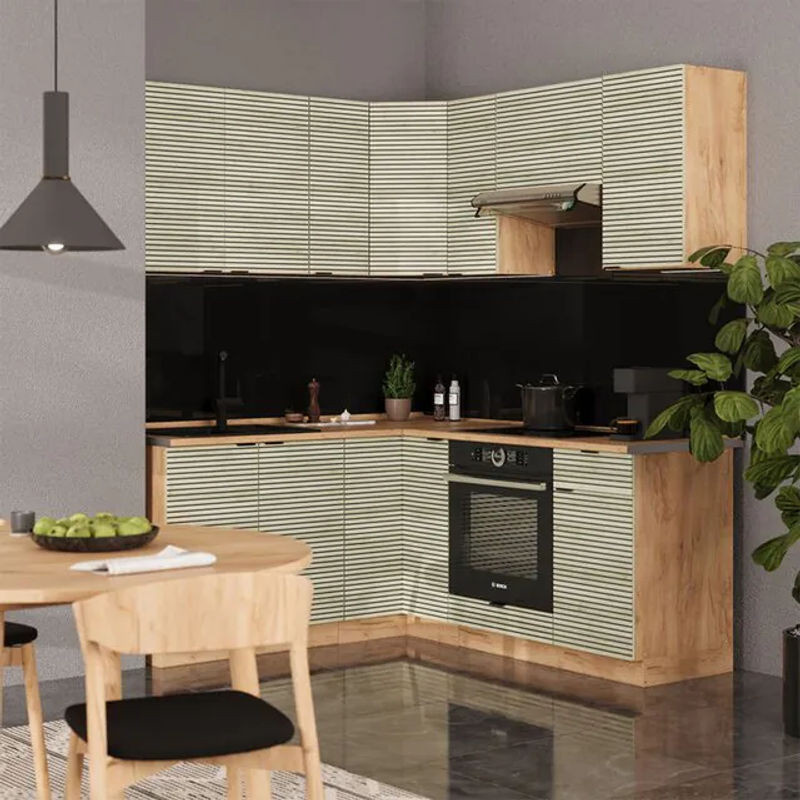 Vicco Eckküche Fame-line Winkelküche in Eiche Natur und Weiß mit Marmor-Optik, B/T/H: 160 x 190 cm - Bild 1