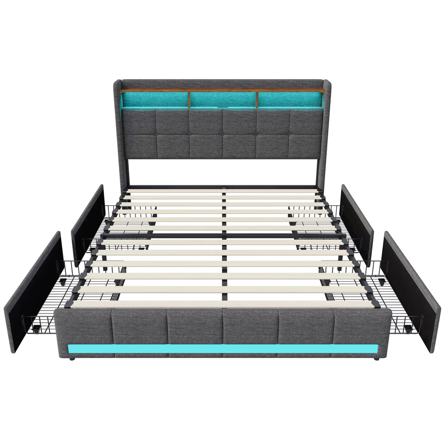 Modernes Polsterbett mit LED-Licht und USB-Ladeanschluss in Grau und Beige, Stauraumbett mit 4 Schubladen, B/T/H: 160 x 200 cm - Bild 2