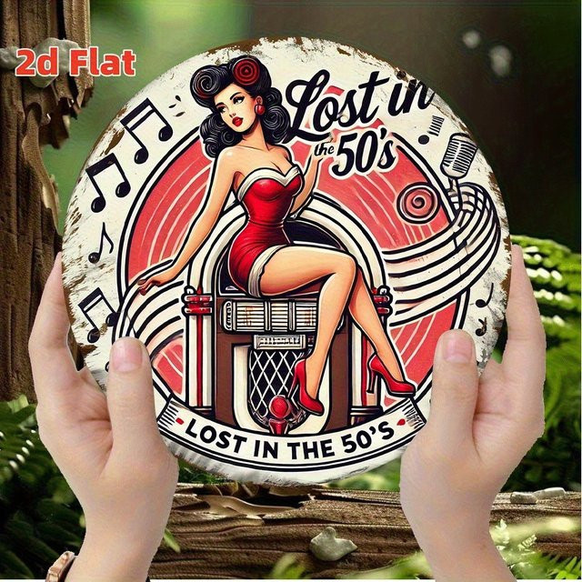 Potdemiel Retro-Metallschild Lost in the 50s Vintage Pin-Up Girl Wanddekoration, Rund, Rot/Mehrfarbig, Durchmesser: 20 cm - Bild 1