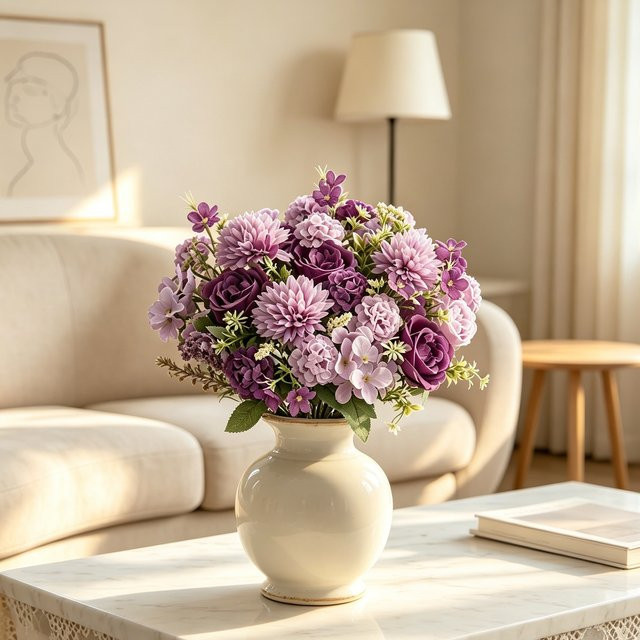 TTCY Künstliche Blumen im Nordischen Stil aus Textil, Seiden-Hortensien und Rosen in Weiß und Lila für deine Tischdekoration oder als Hochzeits-Brautstrauß - Bild 1
