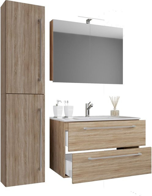 VCM Badmöbel Set Badinos 4-tlg. in Eiche Braun mit Keramik-Waschtisch, Spiegelschrank und Hochschrank, B/H/T: 81 x 51,6 x 46,4 cm - Bild 1