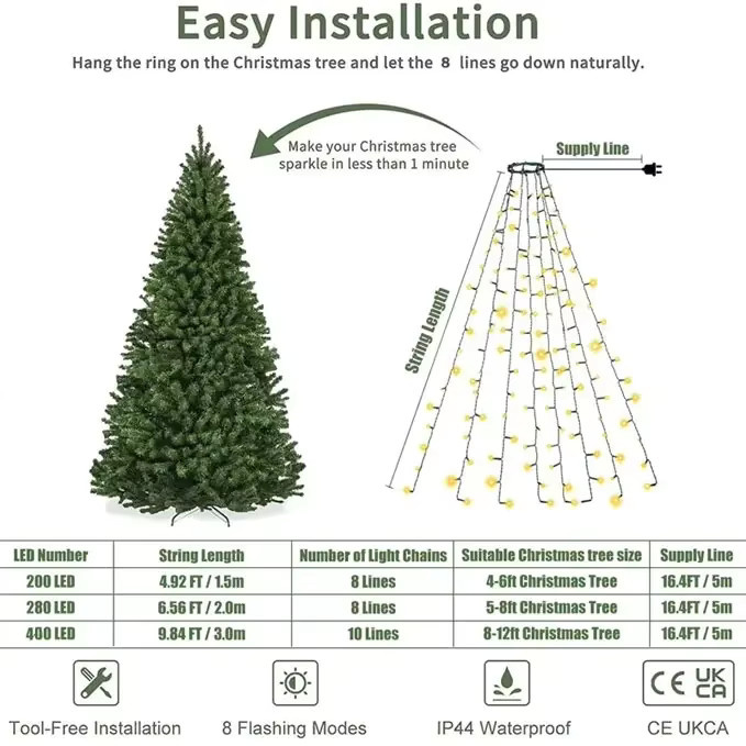 LED Weihnachtsbaum Lichterkette als Wasserfall-Vorhang für Terrasse und Garten, Warmweiß oder Multicolour, USB-Betrieb - Bild 4