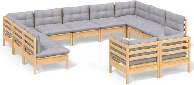 vidaXL 11-teiliges Garten-Lounge-Set aus massivem Kiefernholz in Braun-Grau mit grauen Polstern und Kissen in U-Form - Bild 1
