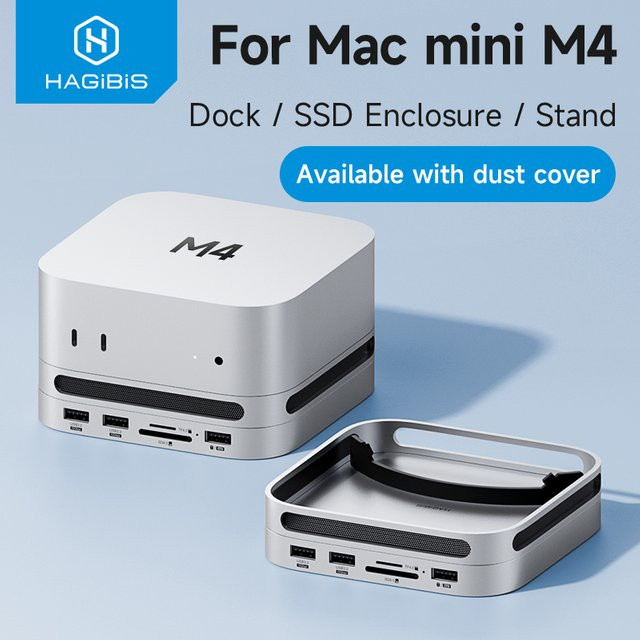 Hagibis USB-C Hub Dockingstation mit M.2 SSD-Gehäuse für Mac Mini M4/M4 Pro, 4K 60Hz, USB 3.2 Gen2, SD/TF 4.0, Farbe: Silber - Bild 1