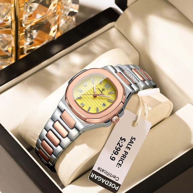 POEDAGAR Armbanduhr, Quarz, Edelstahl, Eckig, Gold, Damen - Bild 1