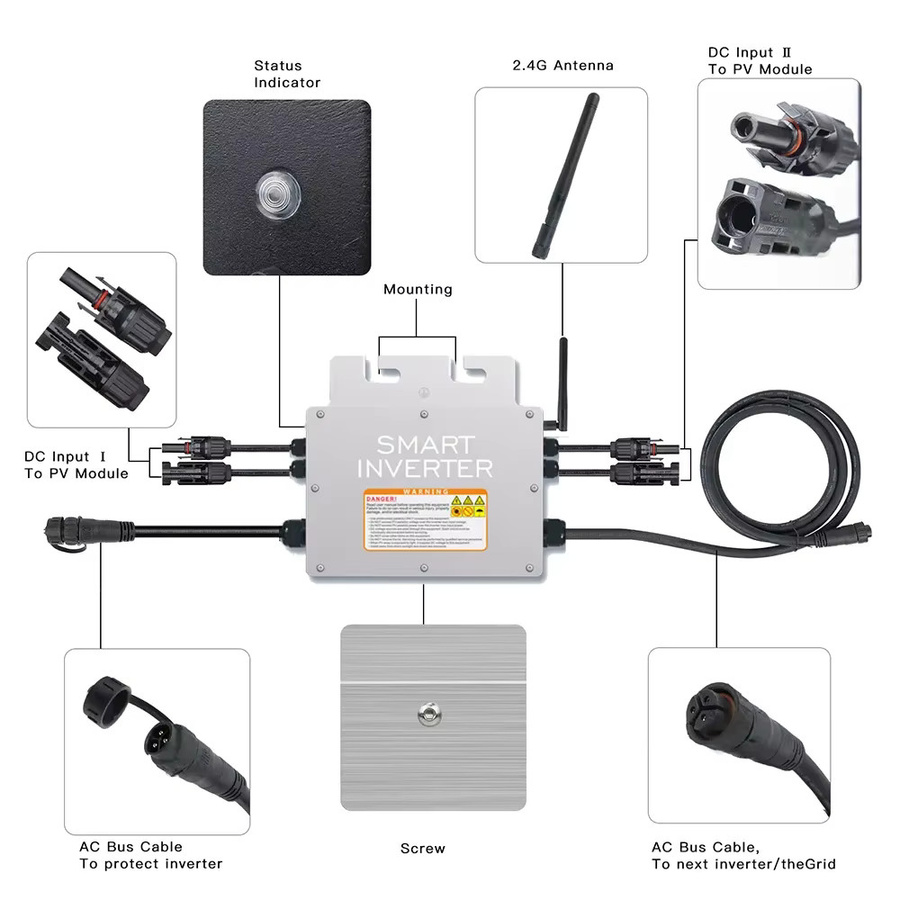 Netzgekoppelter Mikro-Solarwechselrichter mit MPPT und WiFi, 1KW (800W/600W), IP65 Schutzklasse, 20-60VDC Eingang, 120V/230V Ausgang, Farbe: Silber - Bild 3