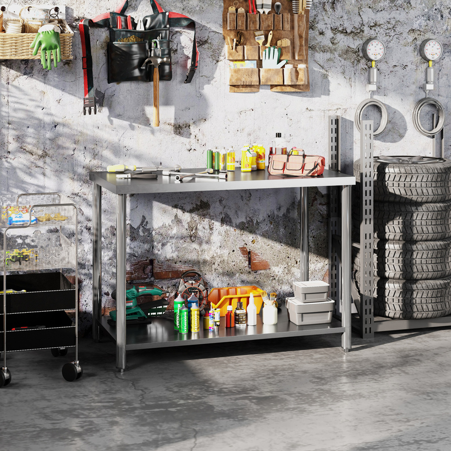 HOMCOM Arbeitstisch aus Edelstahl mit 2 Regalen in Silber, B/T/H: 120 x 60 x 86 cm - Bild 2
