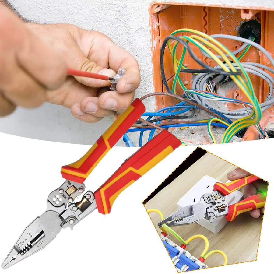 9-in-1 Multifunktions-Abisolierzange für Elektriker in Orange mit Spannungsprüfung, Kabelschneider und Crimpfunktion - Bild 6