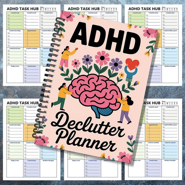 ADHS Reinigungsplaner Spiralnotizbuch mit buntem Blumendesign und Gehirnillustration, Tages-, Wochen-, Monats- und Jahresplaner, Softcover, Mehrfarbig - Bild 1