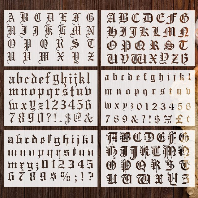 6 Stück Schablonen für alte englische Alphabetbuchstaben aus Kunststoff, wiederverwendbare DIY-Bastel- und Malvorlagen für Scrapbook, Prägung und Albumdekoration - Bild 1