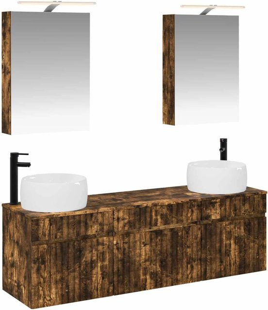 vidaXL Badezimmerschrank-Set 5-teilig aus geräuchertem Eichenholz in Braun mit LED-Beleuchtung und Spiegelschrank, B/T/H: 50 x 14,5 x 70 cm - Bild 1