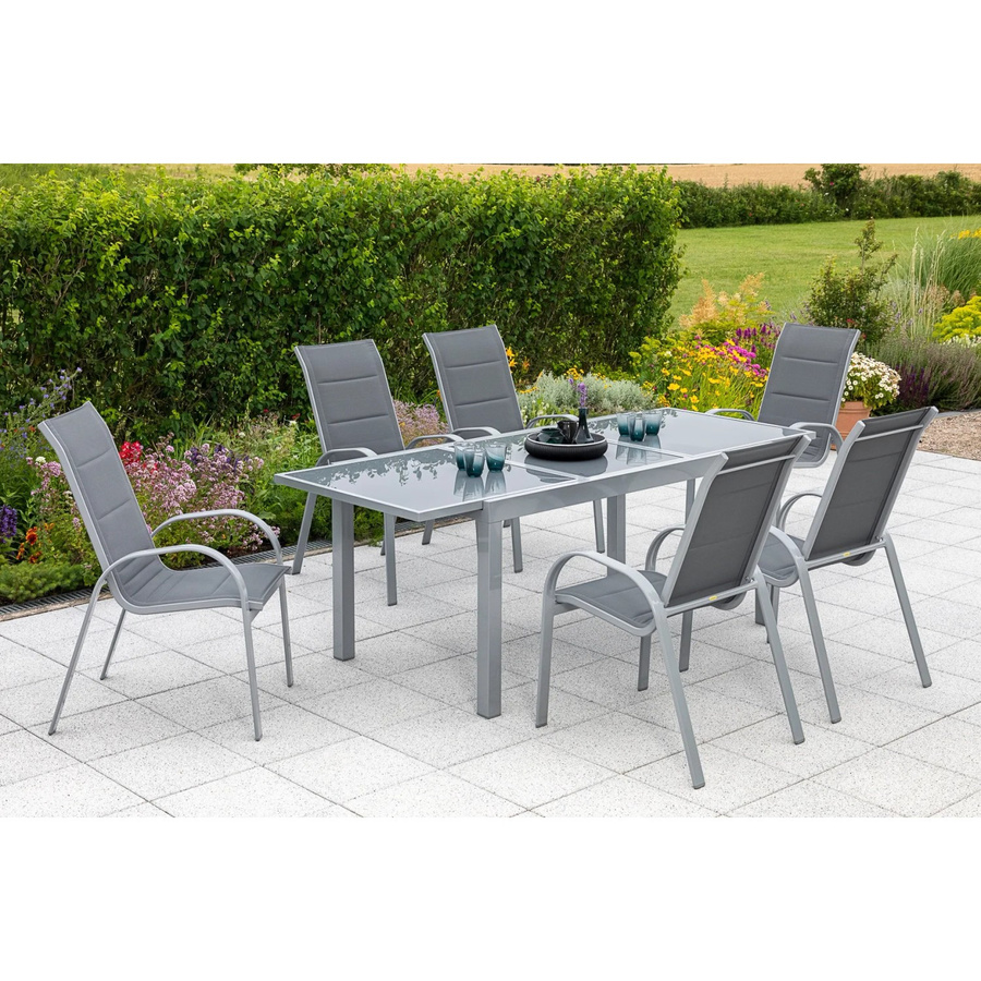 Merxx Gartenmöbelset Amalfi 7-teilig aus Aluminium und Textil in Grau mit Tisch und 6 Stapelsesseln, Tisch Breite: 140 cm, Tiefe: 90 cm, Höhe: 76 cm - Bild 3
