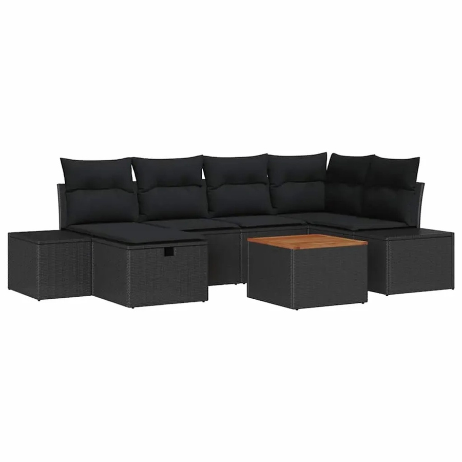 vidaXL Garten-Sofa-Set 7-teilig aus Poly Rattan und Akazienholz in Schwarz mit Kissen - Bild 2