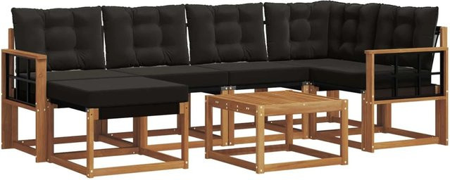 vidaXL Outdoor-Sofagarnitur 7-teilig aus Akazienholz mit Kissen und Couchtisch in Braun und Schwarz - Bild 1