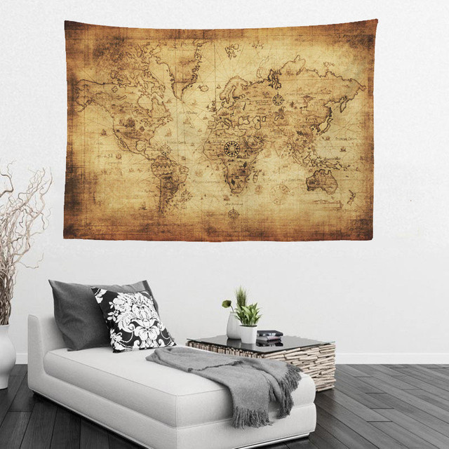 VIKAMA Retro-Weltkarten-Wandteppich aus Polyester in Beige, geografische Wanddekoration für Wohnzimmer und Schlafzimmer, B: 50,0 cm, H: 50,0 cm - Bild 1