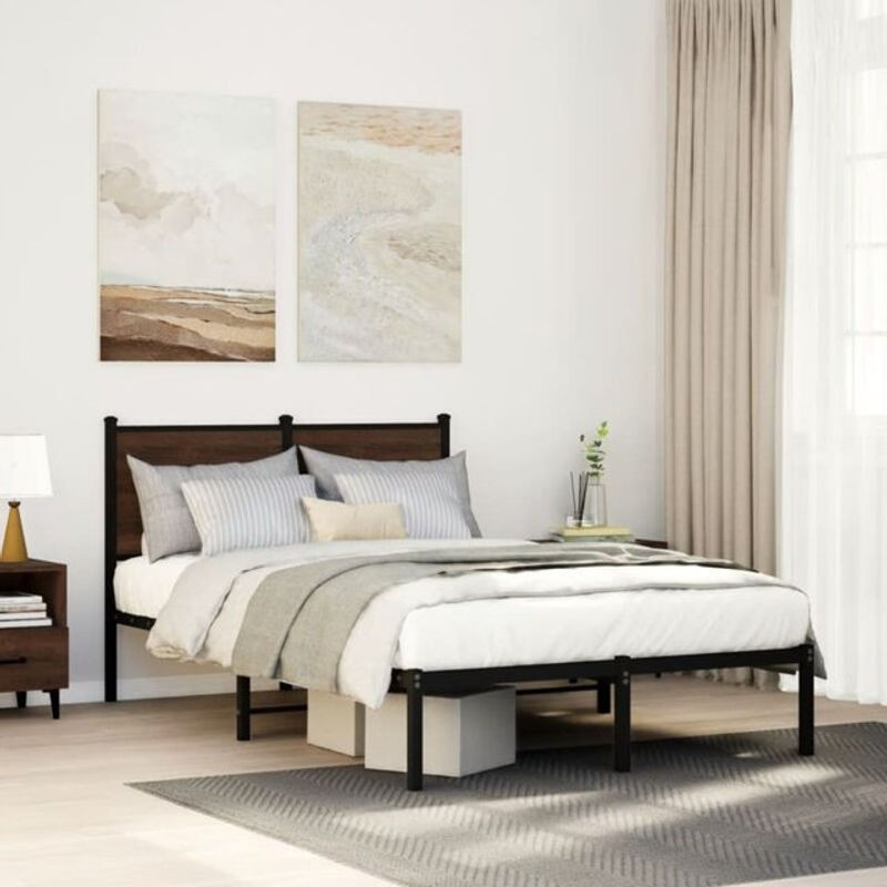 Metallbett Vidaxl in Braun Eichen-Optik aus Metall und Holzwerkstoff, B/T/H: 120 x 190 x 91,5 cm - Bild 1