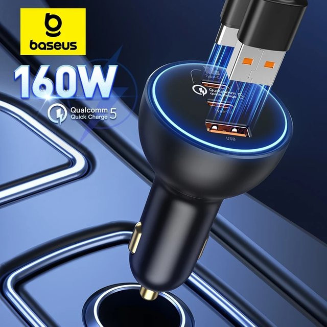 Baseus 160W Autoladegerät mit USB-C und QC3.0 Schnellladefunktion in Schwarz - Bild 1