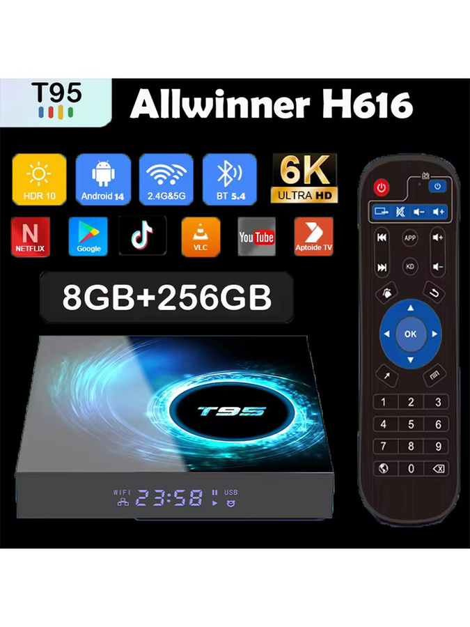 T95 Smart TV Box Android 14 Media Player mit 8GB RAM und 256GB Speicher, Allwinner H616, Dual WiFi, Bluetooth 5.4 und Google Voice Unterstützung, Schwarz - Bild 7