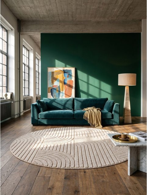Flachgewebe-Teppich Kadima Design in Beige mit modernem Hoch-Tief-Bögen-Effekt, B/T: 160 x 160 cm - Bild 1
