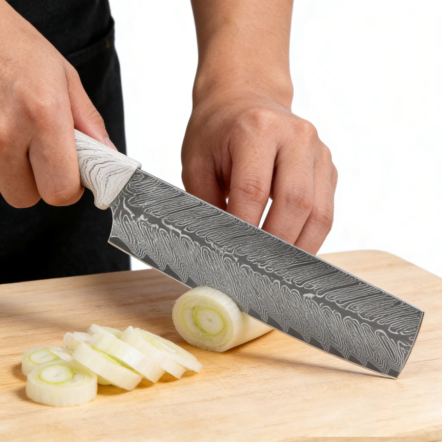 Baovim Damaszener Stahl Kochmesser 8 Zoll in Silber mit ergonomischem ABS-Kunststoffgriff, Fleischschneidemesser, Schere und Schäler Set - Bild 3