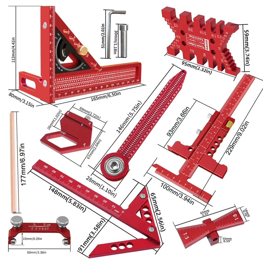 FNICEL 9-teiliges Holzbearbeitungs-Set mit Box inklusive Aluminium-Anreißlineal, Mittelsucher, Zeichenkompass und Höhenmesser - Bild 3