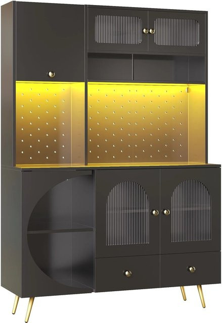 Merax Hochschrank Schwarz mit LED-Beleuchtung, USB-Steckdose und Glasböden, H x B x T: 176 x 120 x 40 cm - Bild 1