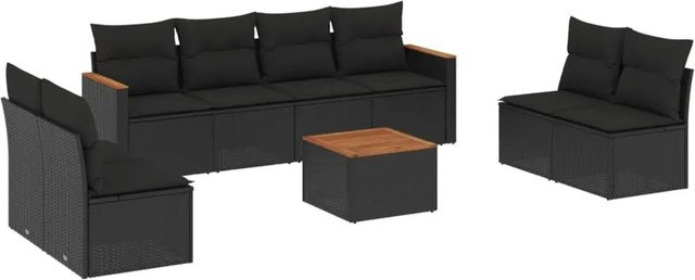 vidaXL 9-teilige Garten-Sofagarnitur aus Poly-Rattan und Akazienholz in Schwarz mit Kissen - Bild 1