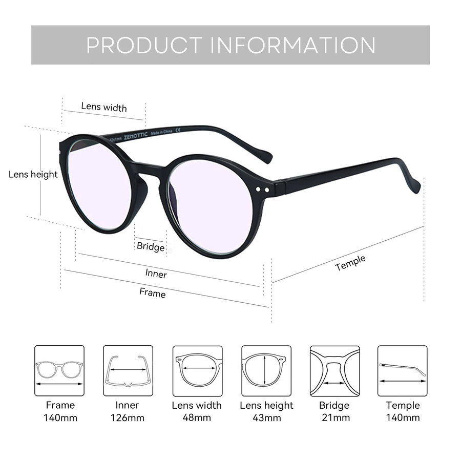 ZENOTTIC Korrektionsbrille, Rund, Vollrand, Kunststoff, Schwarz, Unisex - Bild 2