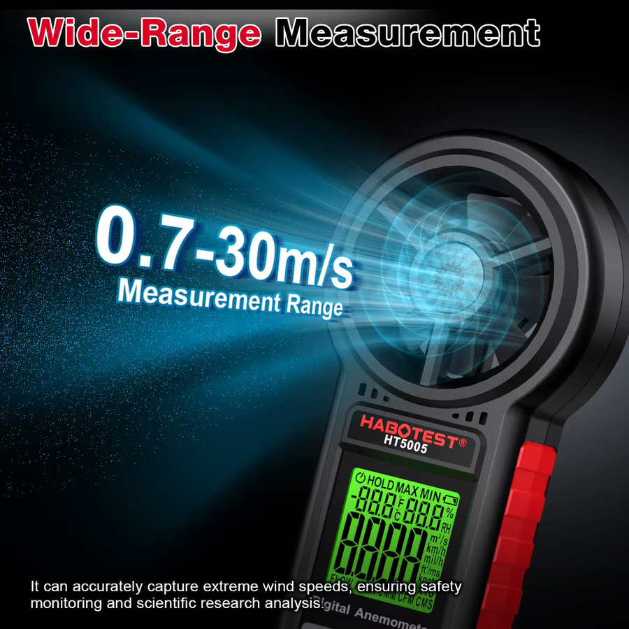 HABOTEST HT5005 Hand-Anemometer in Schwarz zur Messung von Windgeschwindigkeit, Temperatur und Luftstrom - Bild 2