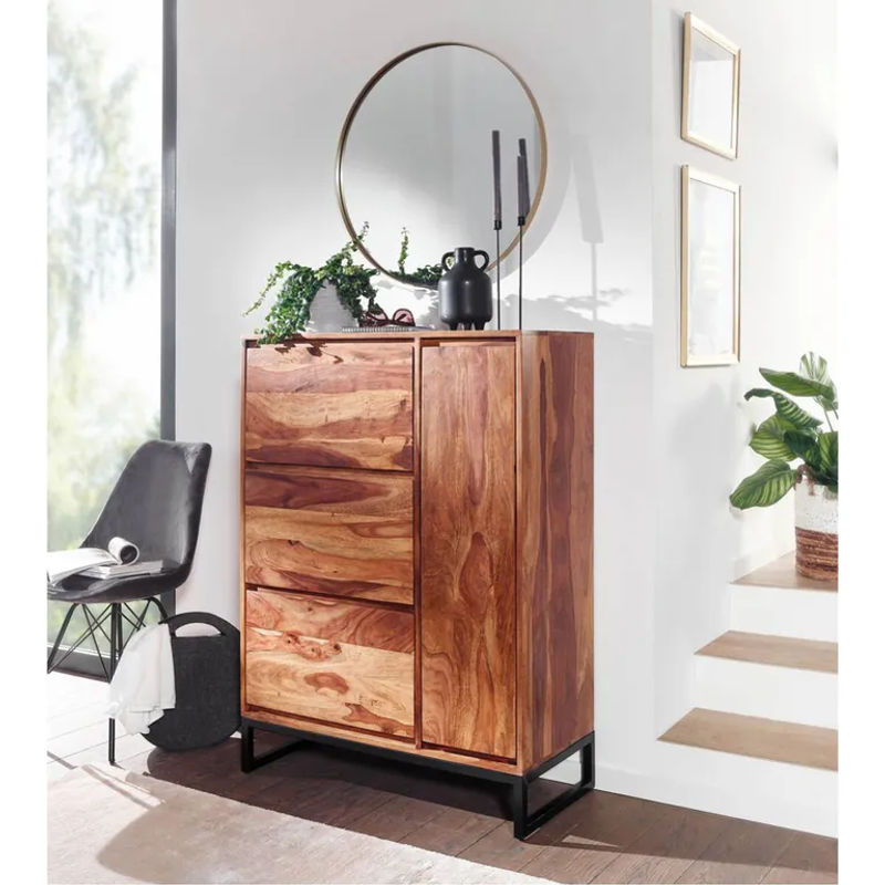 Schuhschrank Wohnling aus Sheesham Massivholz in Braun mit Edelstahl, B/H/T: 40 x 120 x 88 cm - Bild 2