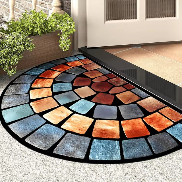 VIKAMA Halbkreisförmige Fußmatte aus Polyester mit modernem Abstract-Design, rutschfest und weich, mehrfarbig, ideal für Wohnzimmer und Terrasse - Bild 1