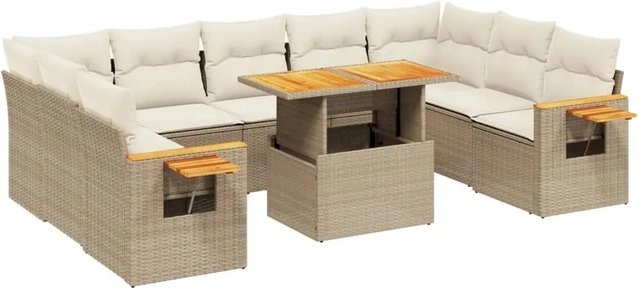 vidaXL 10-tlg Garten-Sofagarnitur aus Poly-Rattan und Akazienholz in Beige mit Kissen - Bild 1