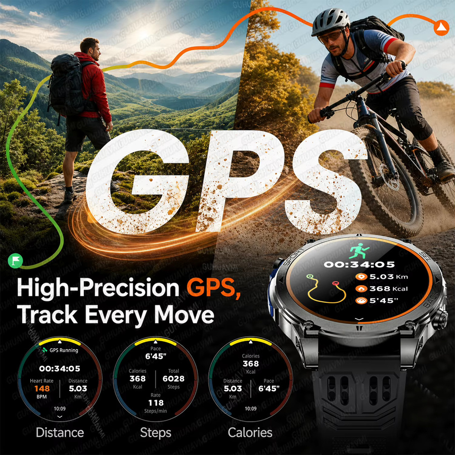 GUHUAVMI T-RX 4 Militär-GPS-Smartwatch für Herren in Schwarz mit 6 Satelliten, 10 ATM Wasserdichtigkeit, HD-Anruffunktion und 170+ Sportmodi - Bild 2