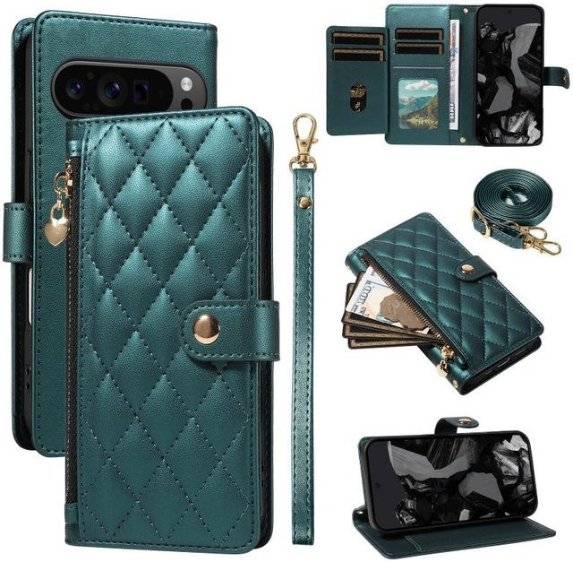 Leder Lanyard Handyhülle mit Reißverschluss und Klappbörse für Google Pixel 10 Pro XL 9 8 7 6 in Petrol - Bild 1