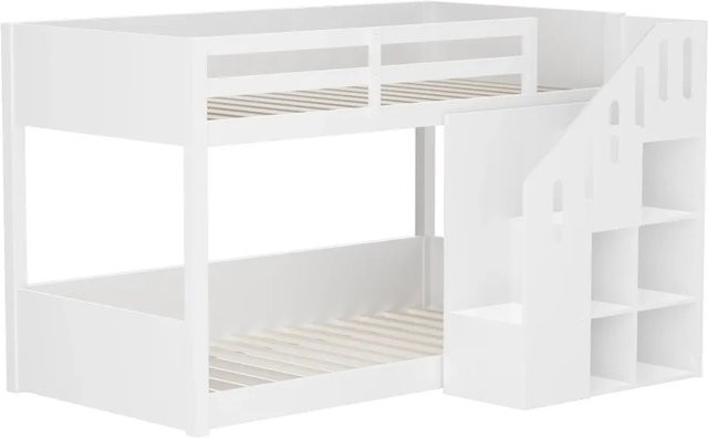 KOMHTOM Etagenbett aus Massivholz mit Treppe und Schließfächern, Doppelbett für Kinder in Weiß, B/T/H: 90 x 200 x 144 cm - Bild 1