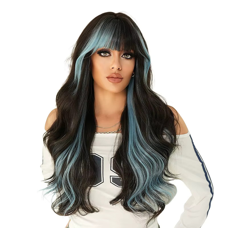 NAMM Perücke, lange gewellte Haare mit Pony, blau, synthetisch, Damen - Bild 6