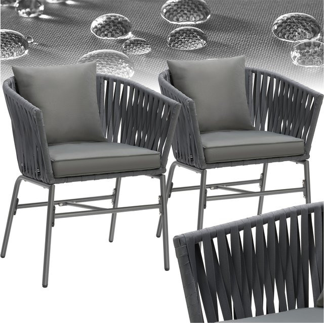 tectake Stuhlset Valeiras 2er Set mit Geflecht im Rope-Design und abnehmbaren Polyesterbezügen in Grau, B/T/H: 60 x 61 x 77 cm - Bild 1