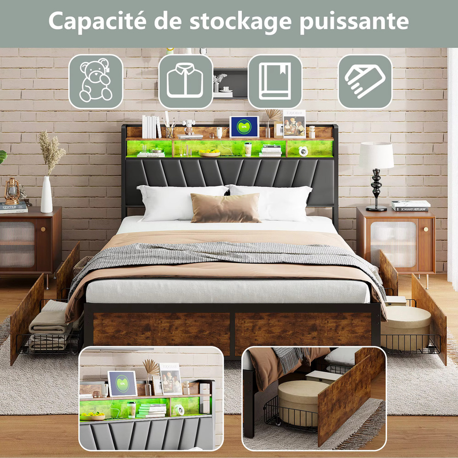 Polsterbett Doppelbett mit LED-Beleuchtung und 4 Schubladen in Schwarz, B/T: 180 x 200 cm - Bild 4