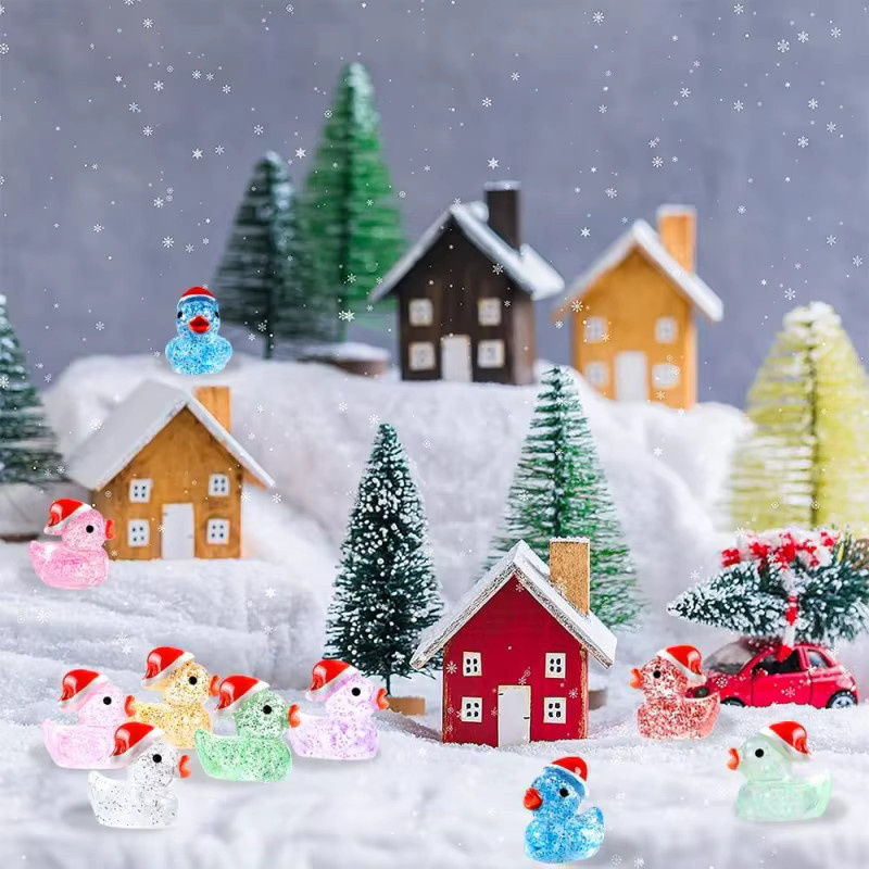 XMSJ Weihnachts-Mini-Glitzer-Enten aus Kunstharz mit Weihnachtsmütze, bunte Entenfiguren für die Heimdekoration - Bild 5