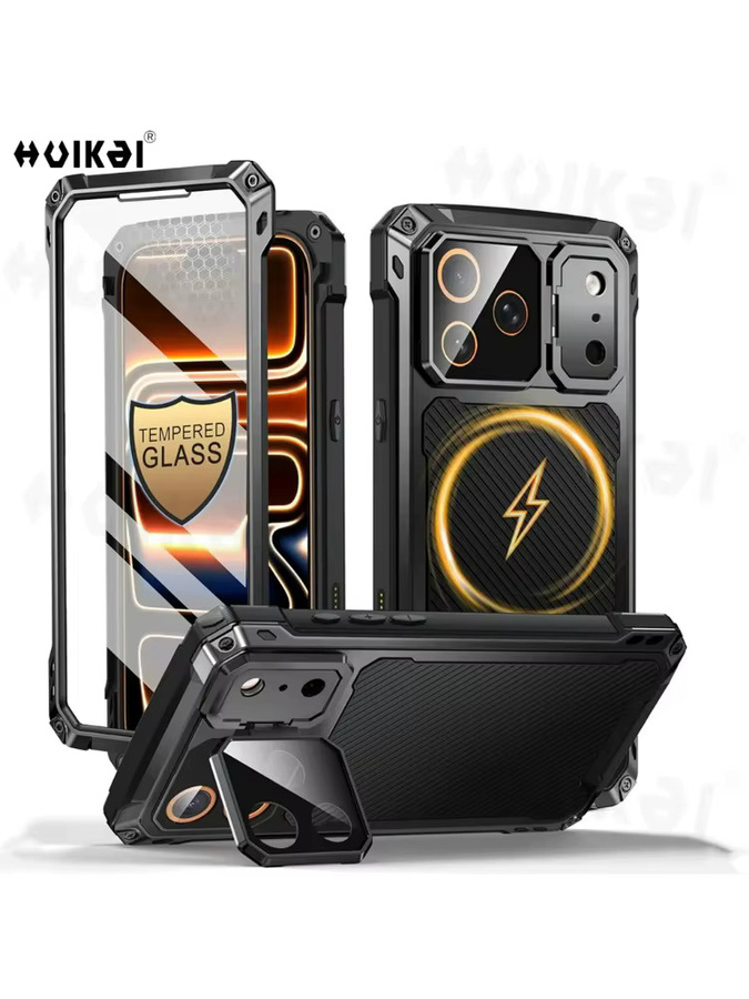 Huikai Stoßfeste iPhone 17 Pro Max Hülle in Schwarz mit Bildschirm- und Kameralinsenschutz sowie Aluminium-Ständer - Bild 6
